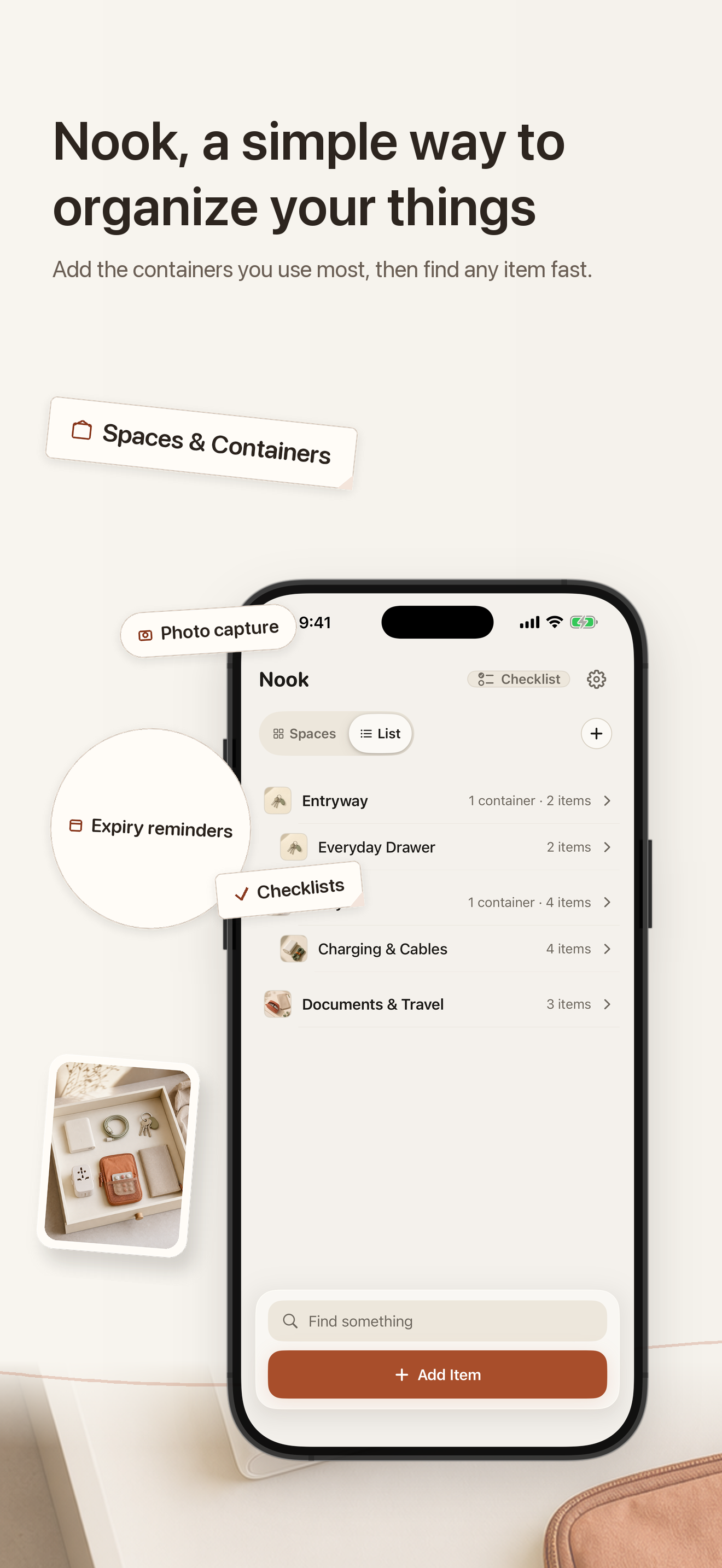 Nook home screen showing rooms, containers, and stored items