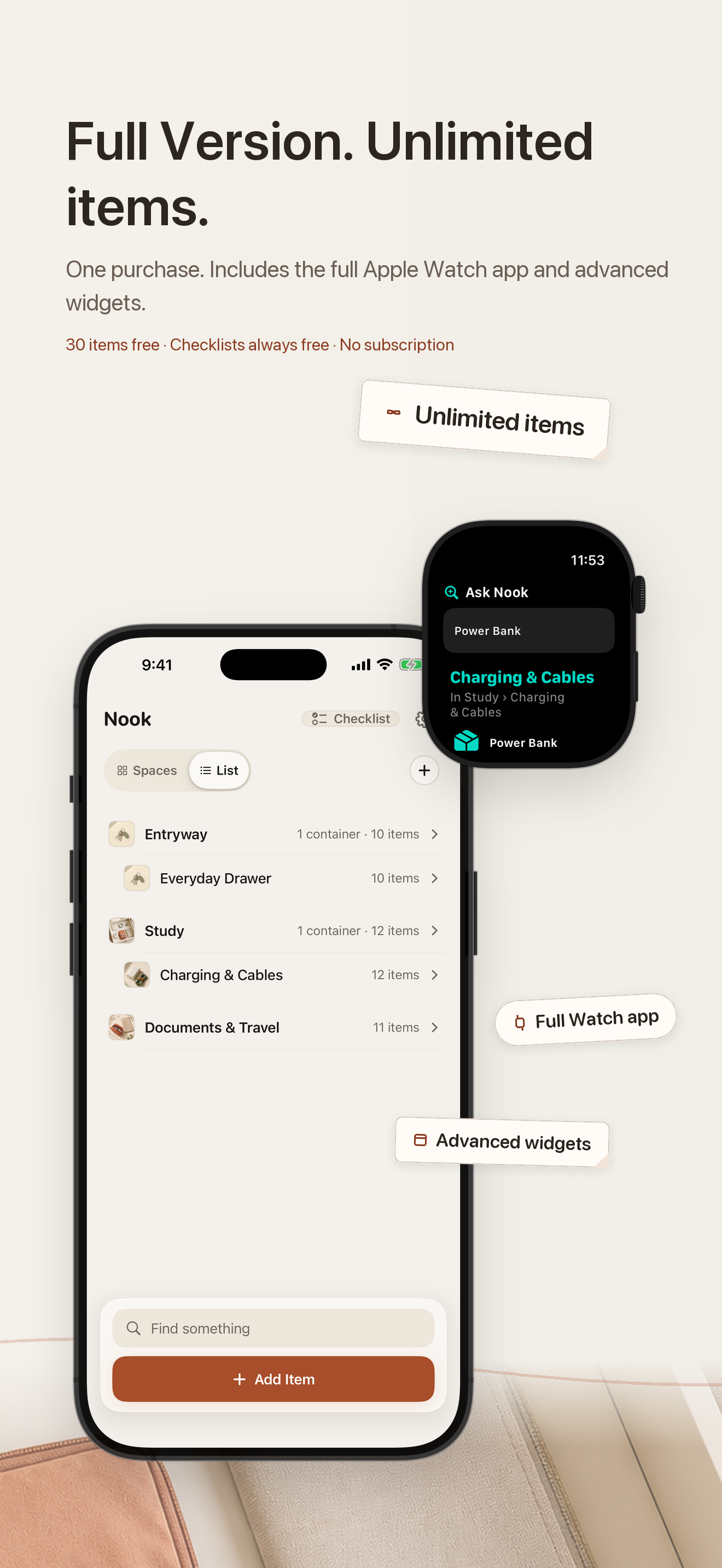 Nook Full Version screen with Apple Watch lookup and advanced widgets