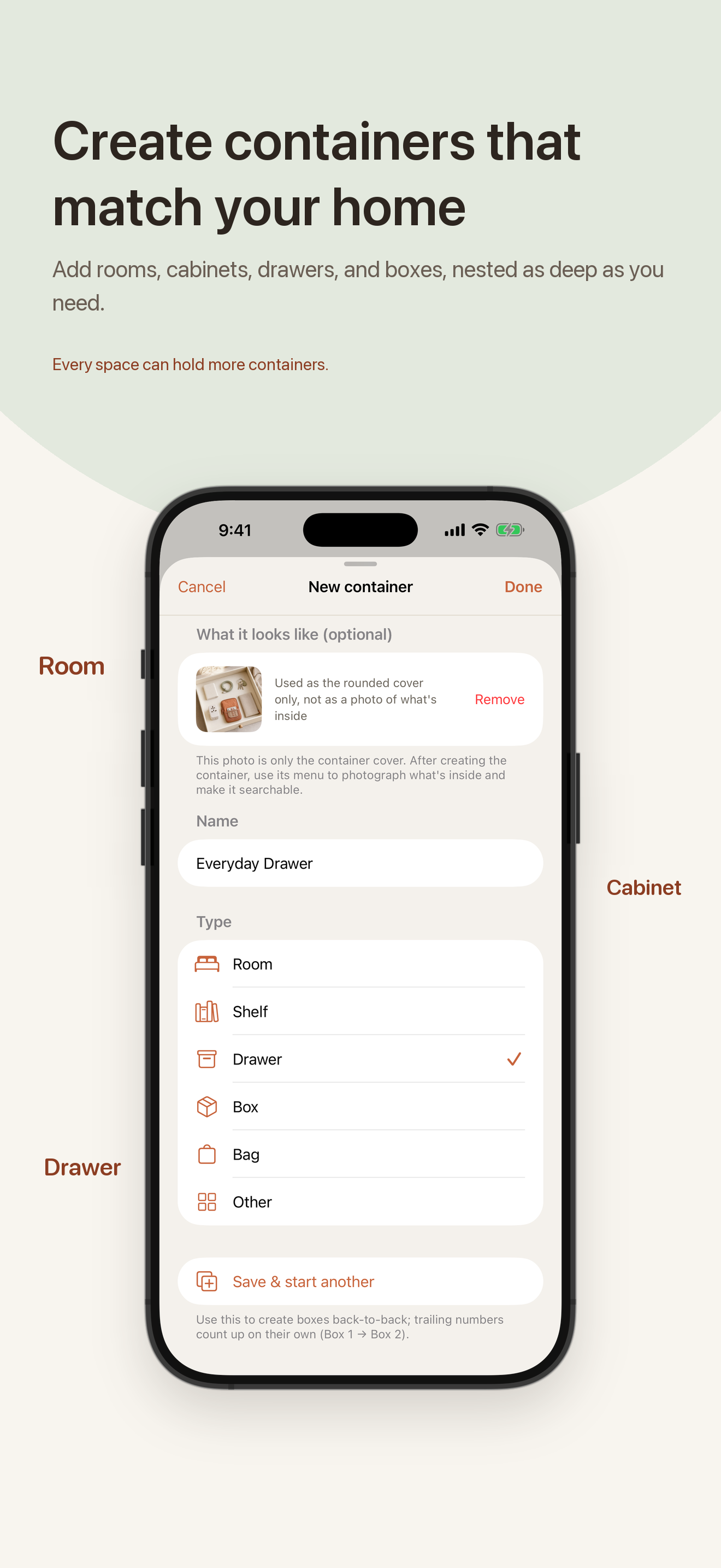 Nook screen for creating a room, cabinet, drawer, shelf, box, or other container