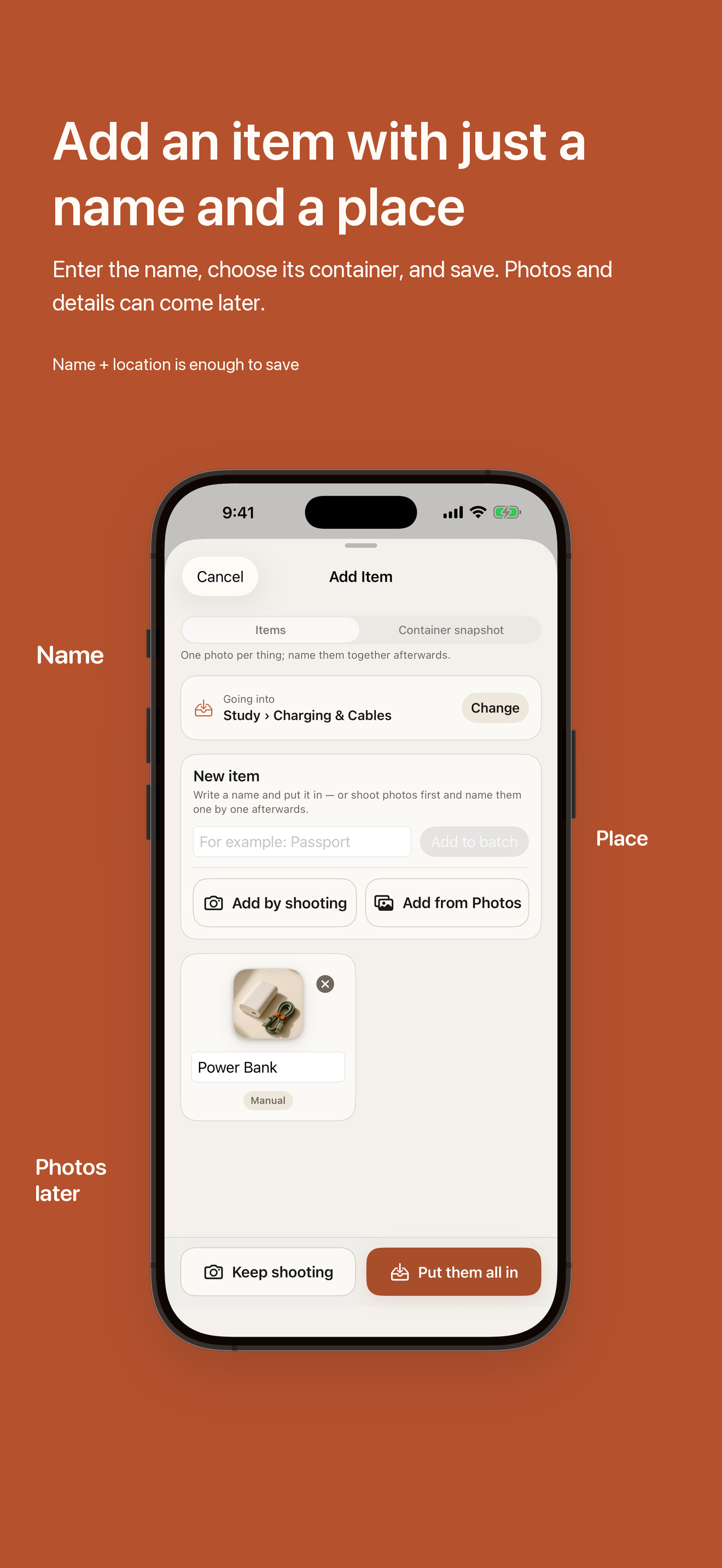 Nook Add Item screen with a name, saved place, and optional photo