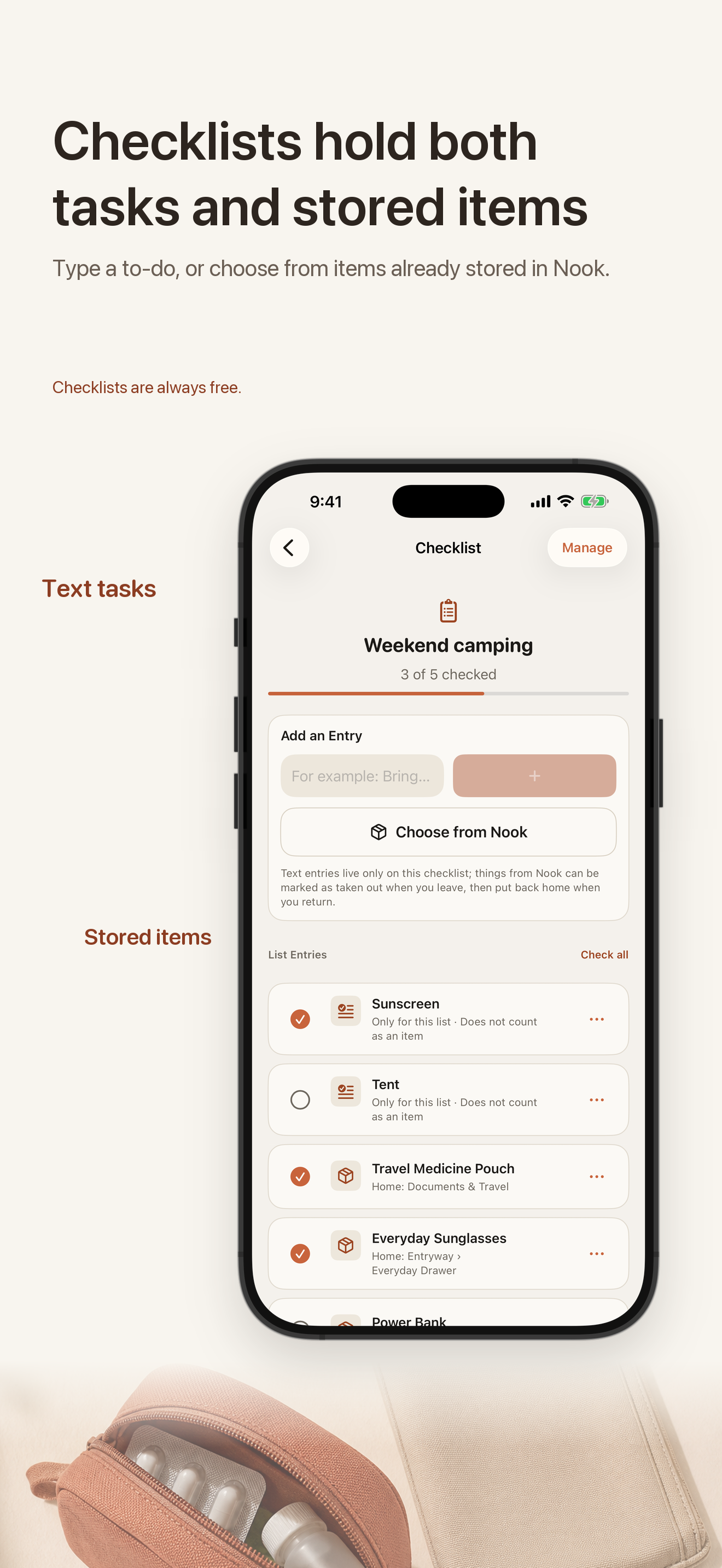 Nook checklist mixing ordinary tasks with saved home-inventory items