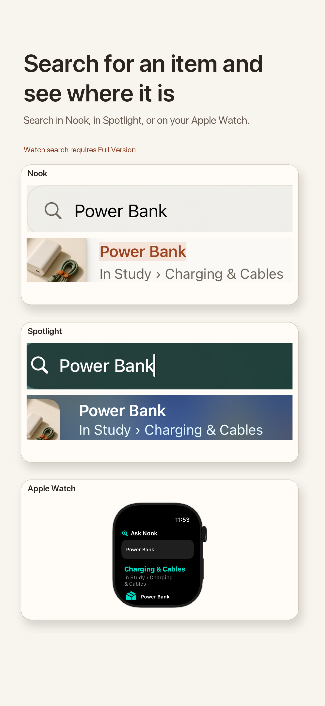 The same saved item found in Nook, iOS system search, and on Apple Watch