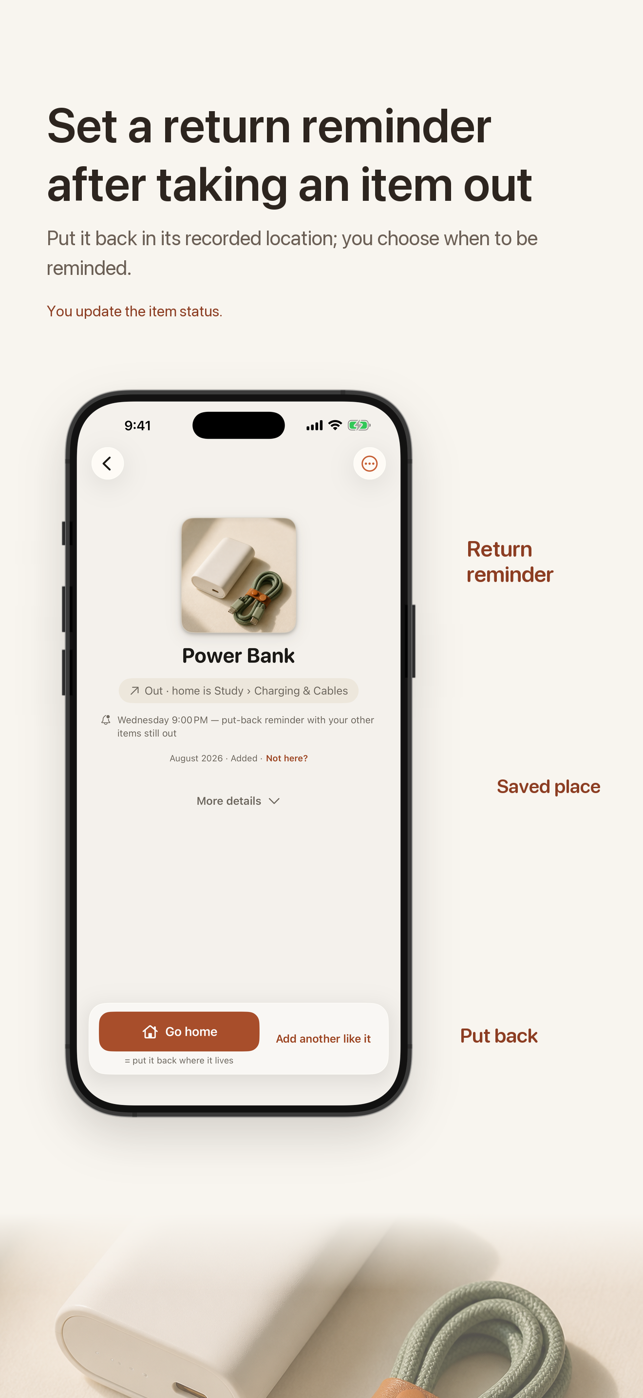 Nook item screen showing its saved place and a return reminder